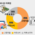 재테크 초보자를 위한 50:30:20 저축법 예산 배분 원칙을 설명한 인포그래픽