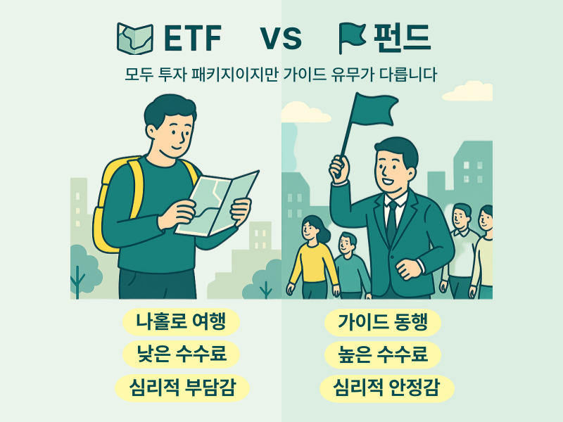 ETF와 펀드의 수수료, 운용 방식, 거래 구조 차이를 정리한 비교 인포그래픽