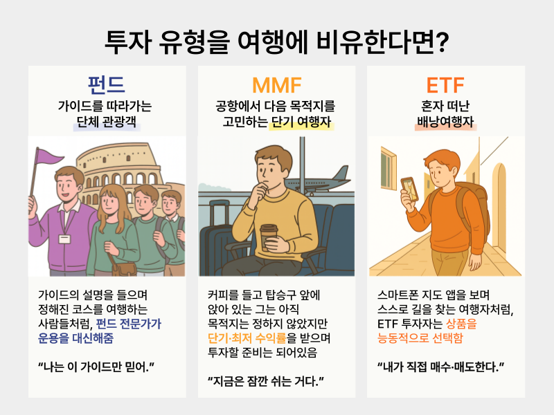 MMF와 ETF의 수익률, 투자 방식, 활용법 비교 인포그래픽