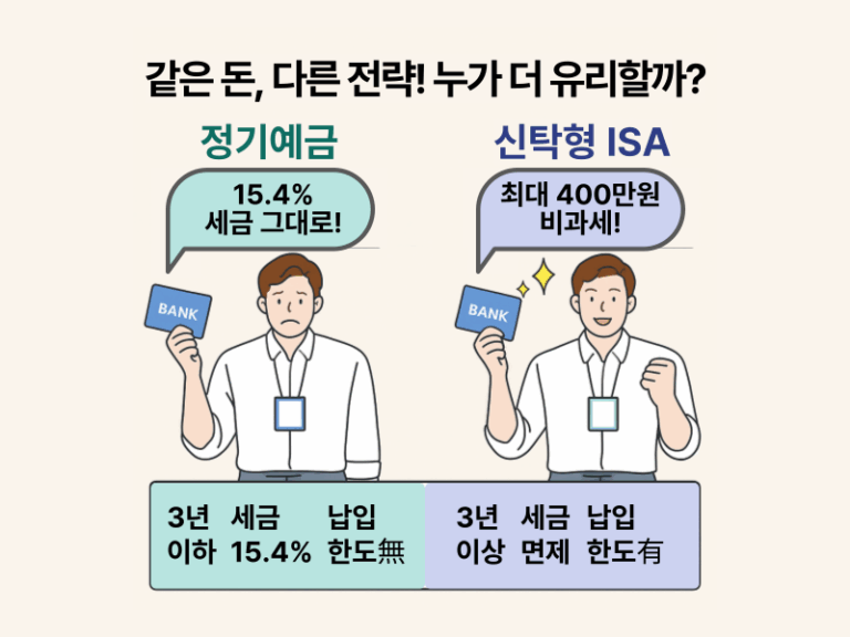 정기예금과 신탁형 ISA의 세금 혜택과 납입 한도 비교 인포그래픽